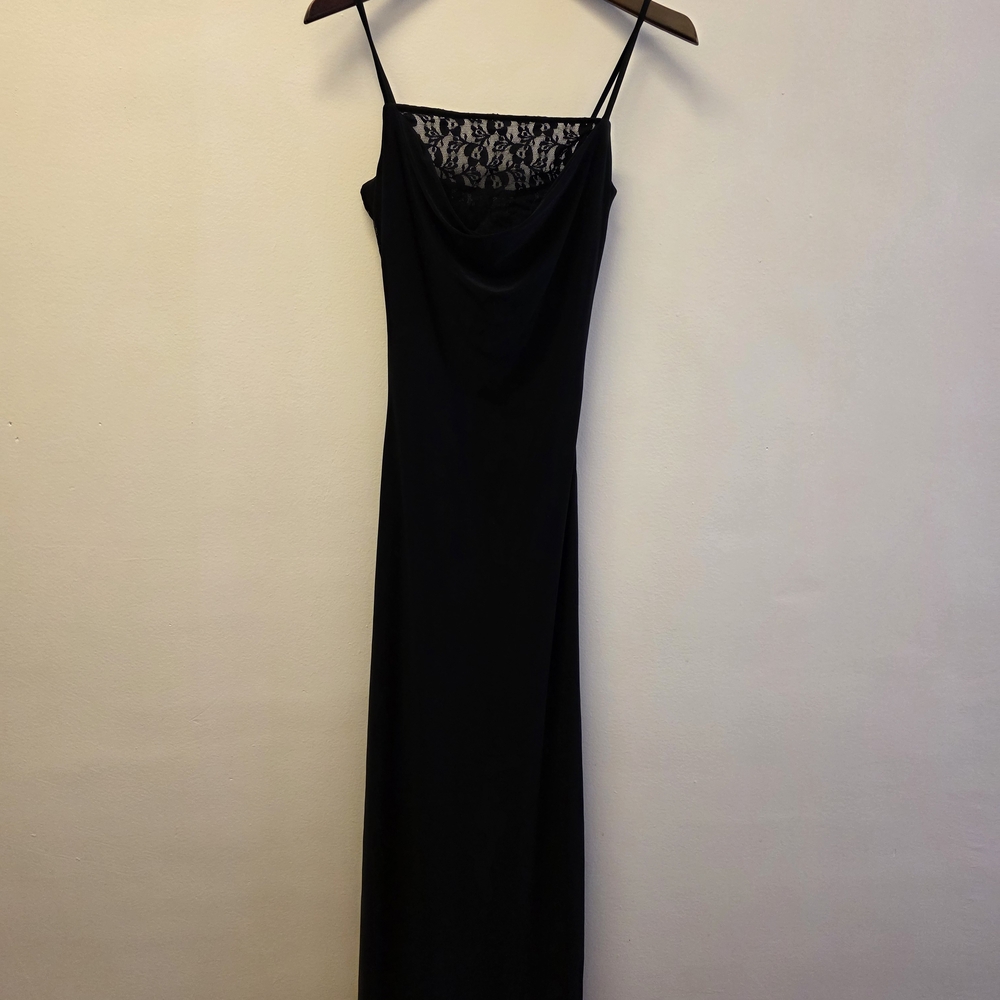 Elegant Black Slip Dress with Lace Detail